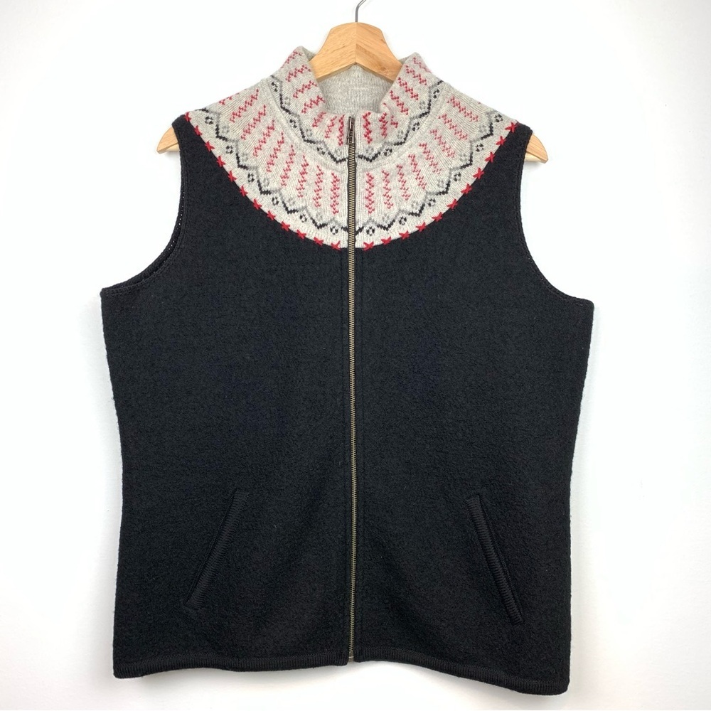 Woolrich Wool Vest Winter Christmas Fair Isle Sz Large Black Gray Lambswool Wool